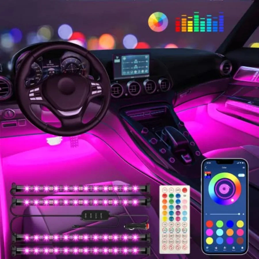 Interior Car Lights Car Accessories APP Control with Remote Music Sync Color Change RGB Under Dash Lighting with Charger 12V LE