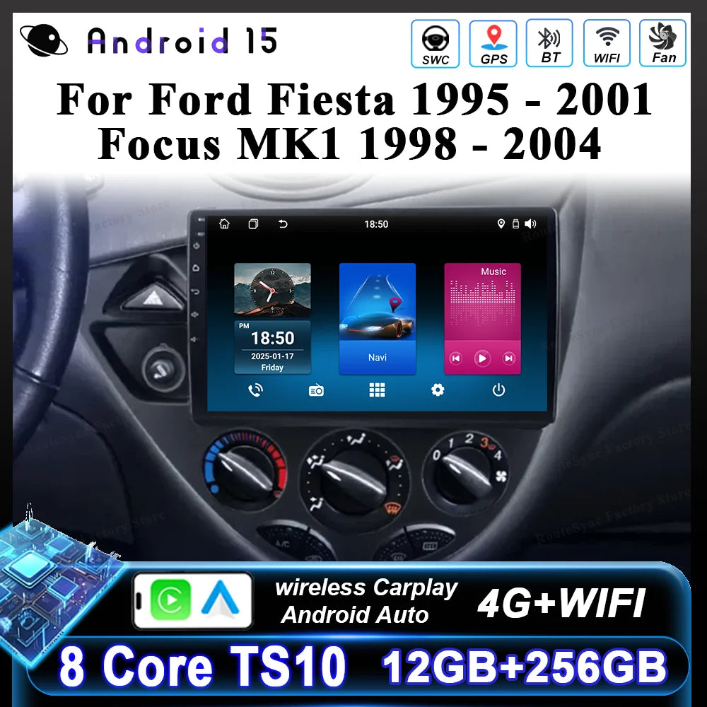Android 15 Carplay For Ford Fiesta 1995 -2001 Focus MK1 1998-2004 Car High-Performance CPU GPS Navigation Touch Screen WIFI 4G