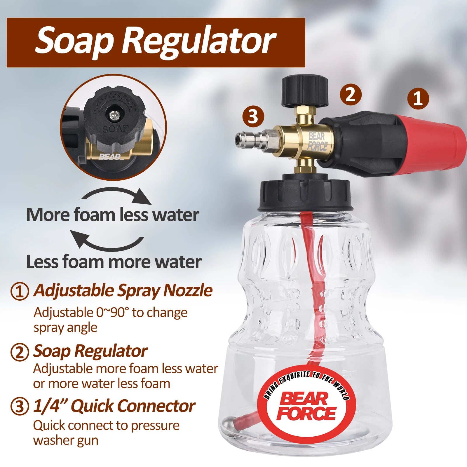 Pressure Washer Foam Cannon with 1/4” Quick Connector 360° Adjustable Thicker Snow Foam with 1L Soap Bottle Car Wash Detailing