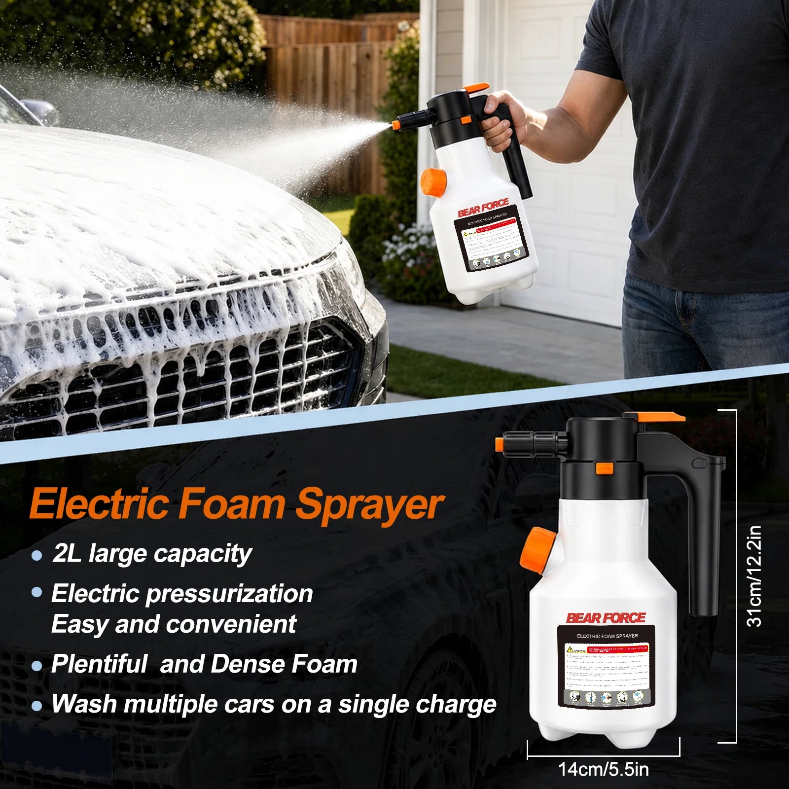 2L Electric Foam Sprayer, 3000mAh USB Rechargeable with Side Pour Spout, Foam Cannon for Car Wash Auto Detailing Garden Cleaning