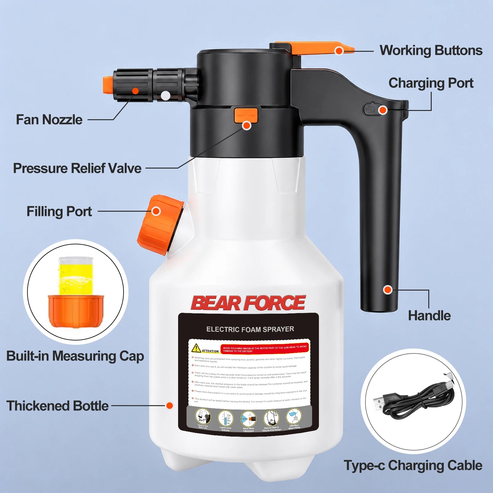2L Electric Foam Sprayer, 3000mAh USB Rechargeable with Side Pour Spout, Foam Cannon for Car Wash Auto Detailing Garden Cleaning